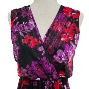 ​MSK Floral Maxi Dress Size 4 Faux Wrap V-Neck Jewel Tone & Metallic Threading